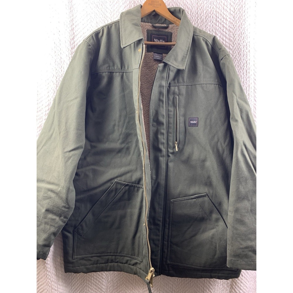 Vtg Walls Work Wear Coat Jacket Green Canvas Sherpa Lined Chore Ranch Mens Sz XL